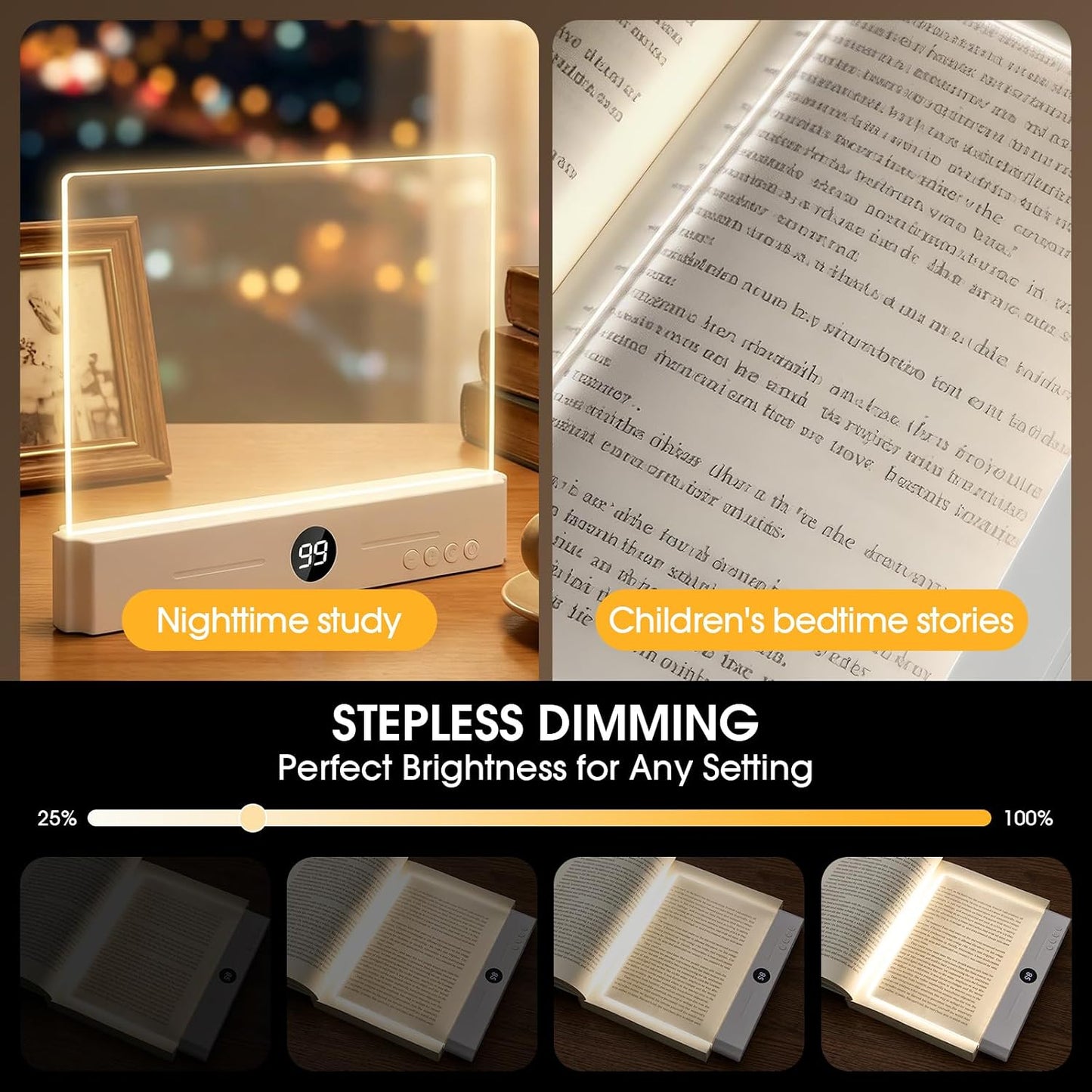 LED Book Light Night Light 2 in 1, Full Page Flat Panel Book Lamp Rechargeable , Eye Care Reading Light with 3 Color Modes, Stepless Dimming & Timer, Clip Book Light, Gifts for Book Lovers Women Kids