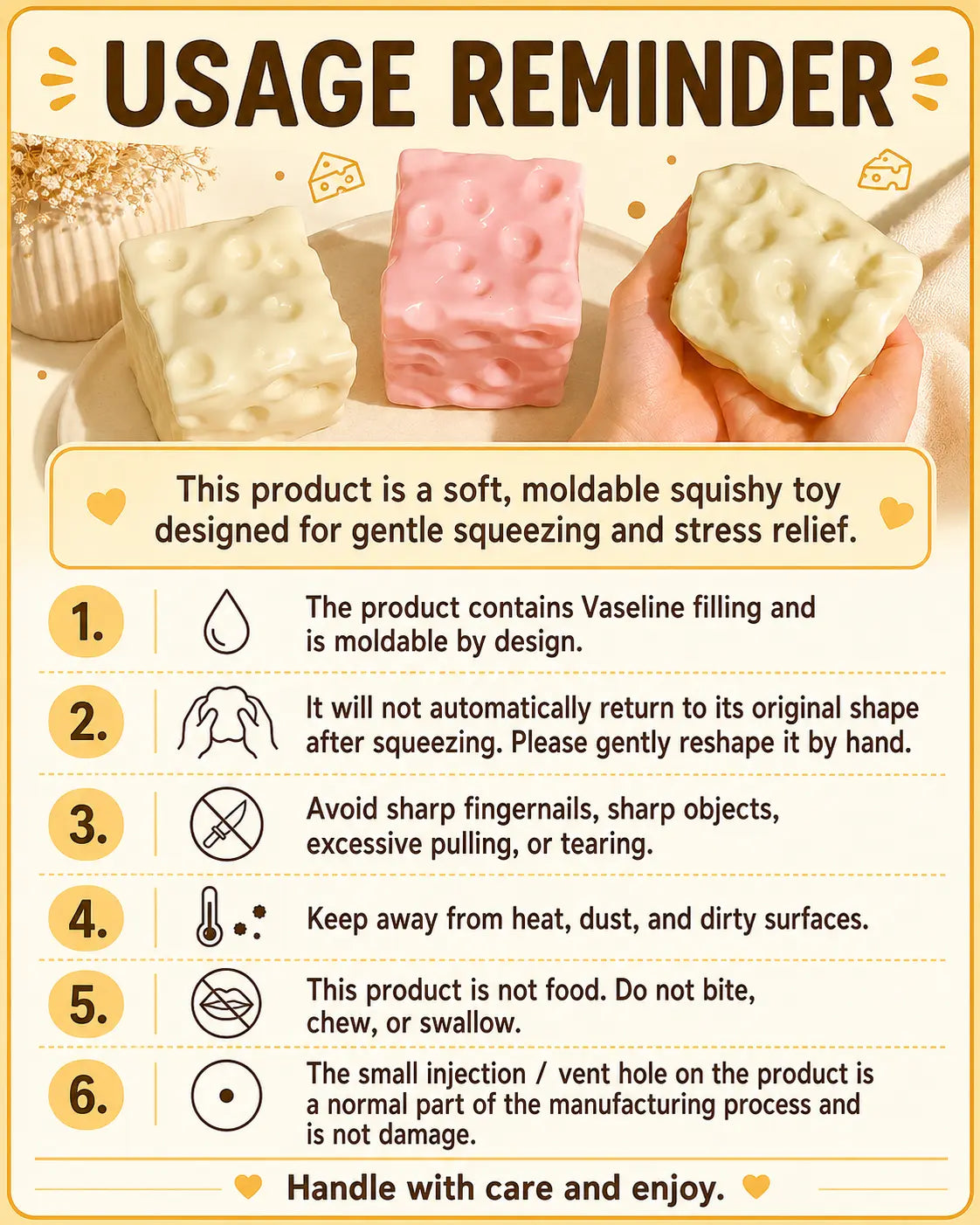 Fully Moldable Non-Rebound Cheese Squishy Toy - Pink & Yellow Petroleum Jelly-Filled Soft Gel Stress Ball, 6Cm/7Cm Jumbo Squishies, Sensory Fidget Toys for ASMR Relaxation, Whimsical Stress Relief Gifts